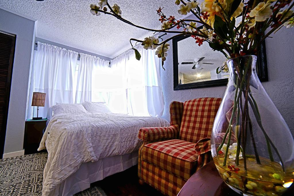 Queen bed with sheer curtains and natural light, 16th Avenue suite